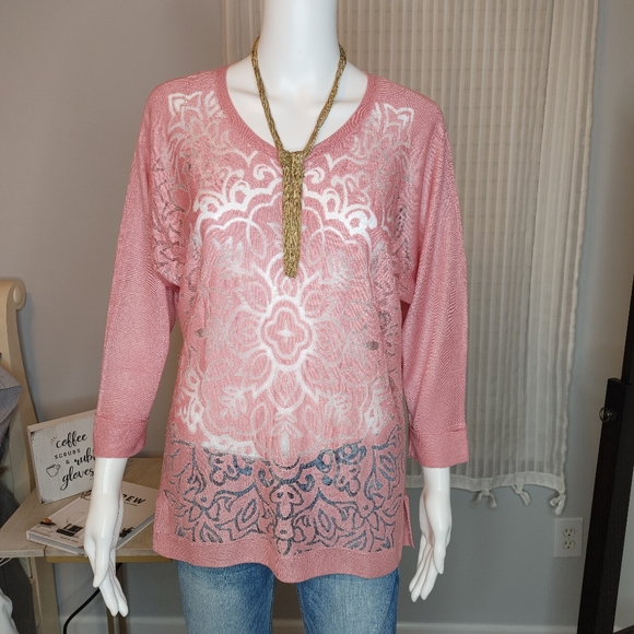 SIGRID OLSEN SIGNATURE TAPESTRY PRINT ILLUSIO.N SWEATER, BLUSH PINK M - Picture 1 of 9